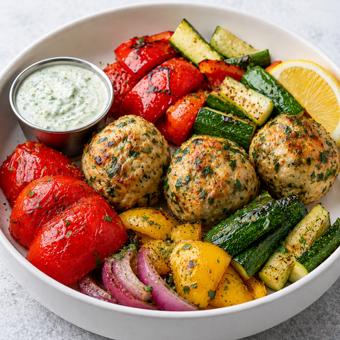 Mediterranean Style Chicken Patties Plate (GF) - Low Carb Option - Fresh 'N Tasty - Naples Meal Prep