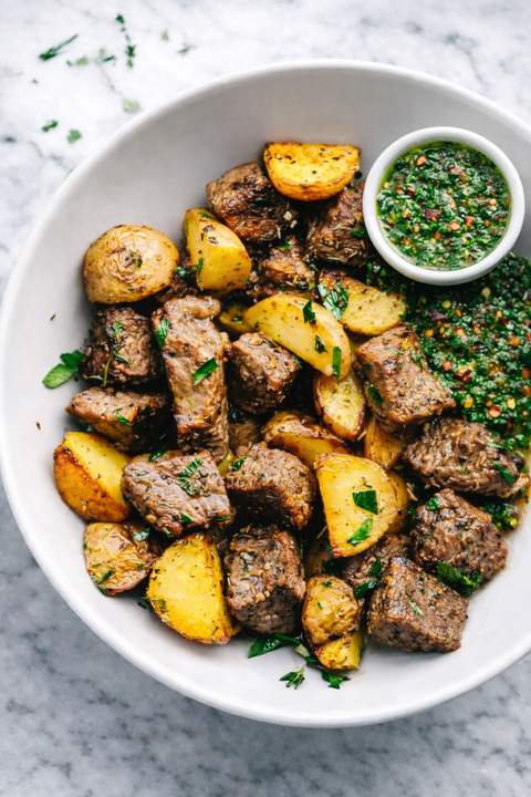 Filet Steak Bites with Chimichurri & Roasted Potatoes