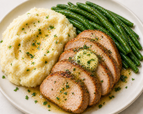 Baked Pork Tenderloin with Mashed Potatoes & Green Beans (GF) - Fresh 'N Tasty - Naples Meal Prep