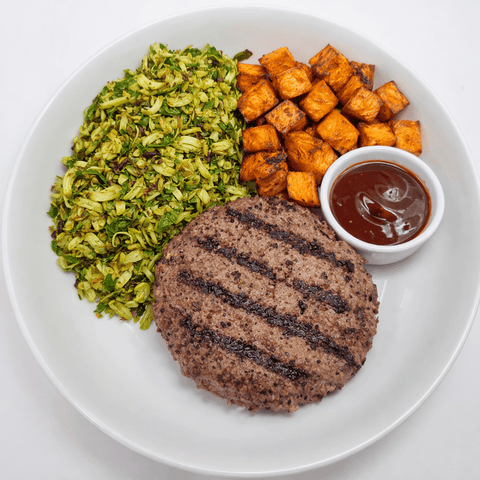 Beef Patty Plate with Brussels & Sweet Potatoes - Fresh 'N Tasty - Naples Meal Prep