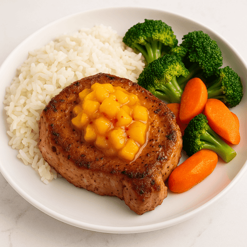 Bone - in Pork Chop W/Rice, Mixed Veggies & Spicy Mango Chutney (sauce on the side) - Fresh 'N Tasty - Naples Meal Prep