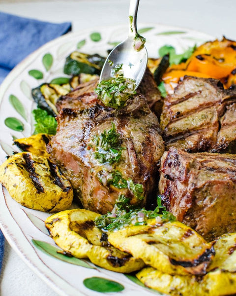 Grilled Lamb Loin Chops W/grilled vegetables and Mint Chimichurri (served M - Rare) - Fresh 'N Tasty - Naples Meal Prep