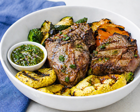 Grilled Lamb Loin Chops with Grilled Vegetables & Mint Chimichurri (Medium - Rare) (GF) - Fresh 'N Tasty - Naples Meal Prep
