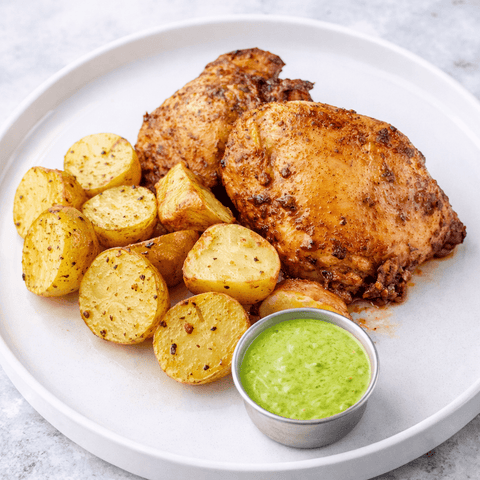 Grilled Peruvian Style Boneless Skinless Chicken Thighs W/Creamy Spicy Cilantro Sauce & Roasted Potatoes - Fresh 'N Tasty - Naples Meal Prep