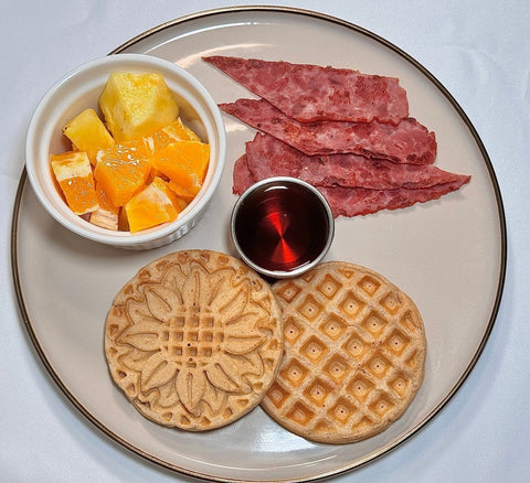 Kodiak almond butter protein waffles, served w/turkey bacon, maple syrup & mixed Fruit - Fresh 'N Tasty - Naples Meal Prep