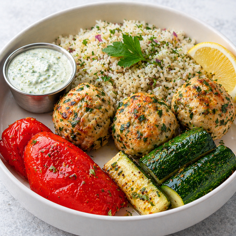 Mediterranean Style Chicken Patties Plate (GF) - Fresh 'N Tasty - Naples Meal Prep