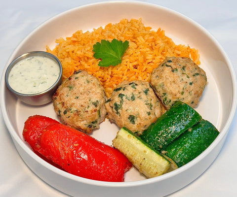 Mediterranean Style Chicken Patties Plater GF - *Tzatziki Sauce ON THE SIDE - Fresh 'N Tasty - Naples Meal Prep