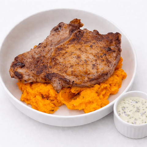 Pan - Seared Pork Chop W/ Sweet Mash & Herb Cream (GF) - Fresh 'N Tasty - Naples Meal Prep