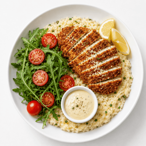Pork Milanese over Roasted Garlic Parmesan Risotto - Fresh 'N Tasty - Naples Meal Prep