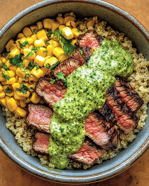 Steak, Roasted Corn, Quinoa Bowl W/ Cilantro Cream Sauce ON THE SIDE - Fresh 'N Tasty - Naples Meal Prep